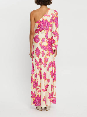 Aurohaya Unique Satin Floral Print One Shoulder Flared Maxi Dress