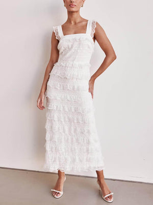 Aurohaya Delicate Layered Lace Detail A-Line Hem Maxi Dress White