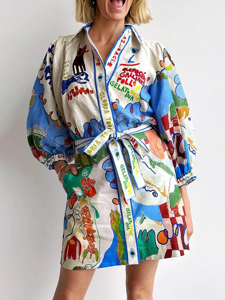 Aurohaya Unique Linen Print Cardigan Lace-Up Mini Dress Multicolor