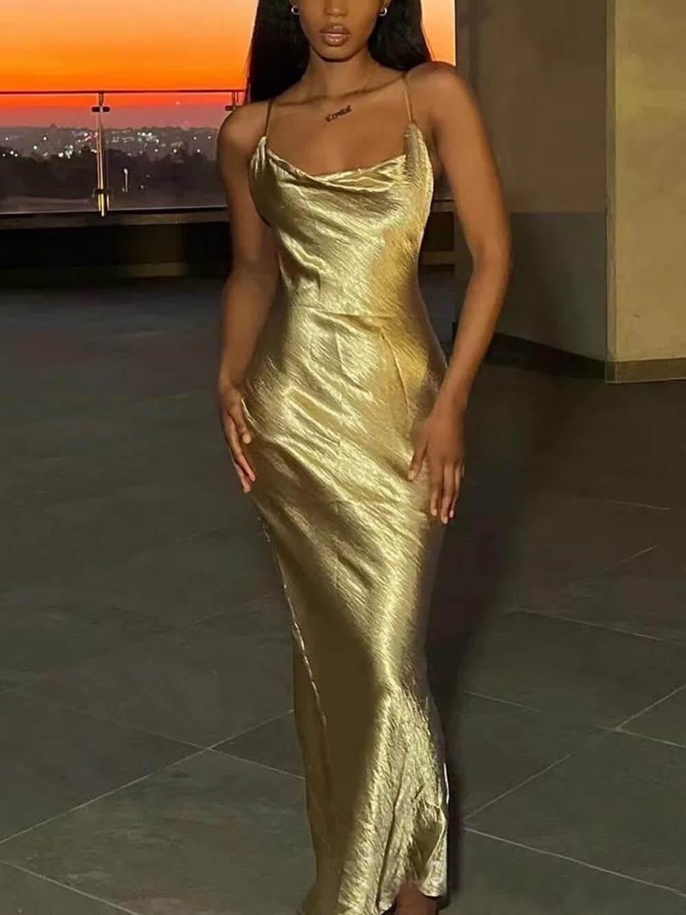 Aurohaya Elegant Satin Backless Spaghetti Strap Maxi Dress Gold