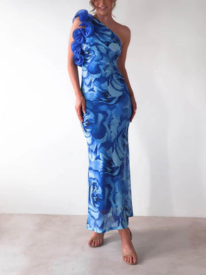 Aurohaya Sexy Elegant Sleeveless Three-Dimensional Flower Print Slim-Fitting Party Dress Blue