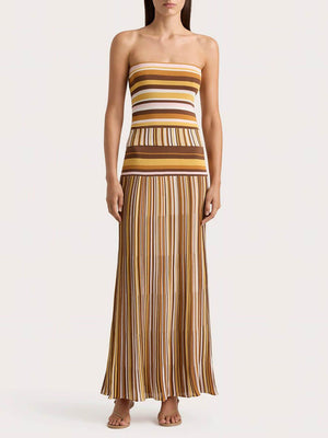 Aurohaya Exquisite Strapless Striped Printed Pleated Maxi Dress