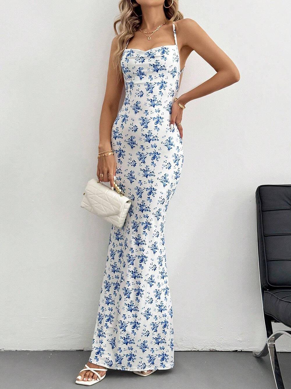 Aurohaya Sweet And Fresh Halter Back Floral Print Holiday Style Maxi Dress