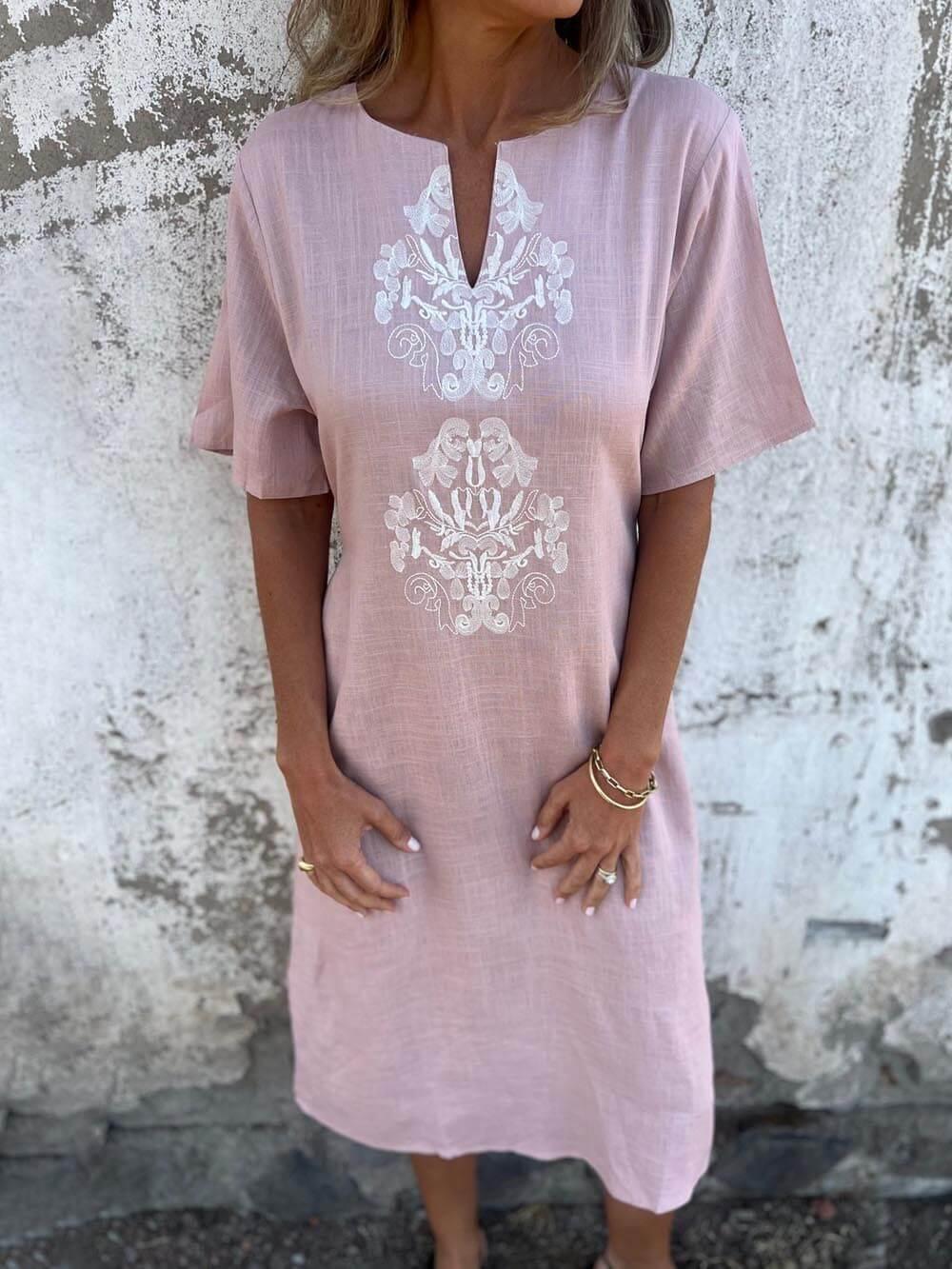 Aurohaya Bohemian Print Linen Loose Midi Dress Pink