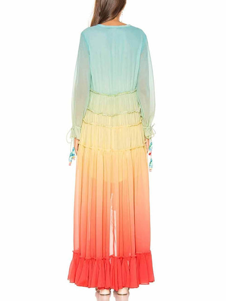 Aurohaya Unique Gradient Print Bohemian Rainbow Tiered Maxi Dress