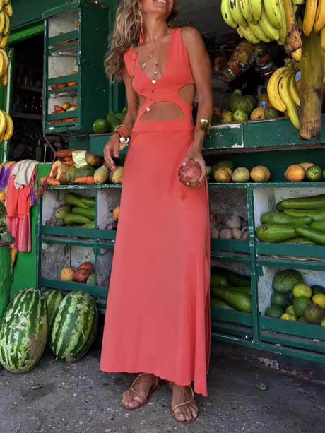 Aurohaya Unique Tie-dye Print Cutout Design Slit Stretch Dress Orange