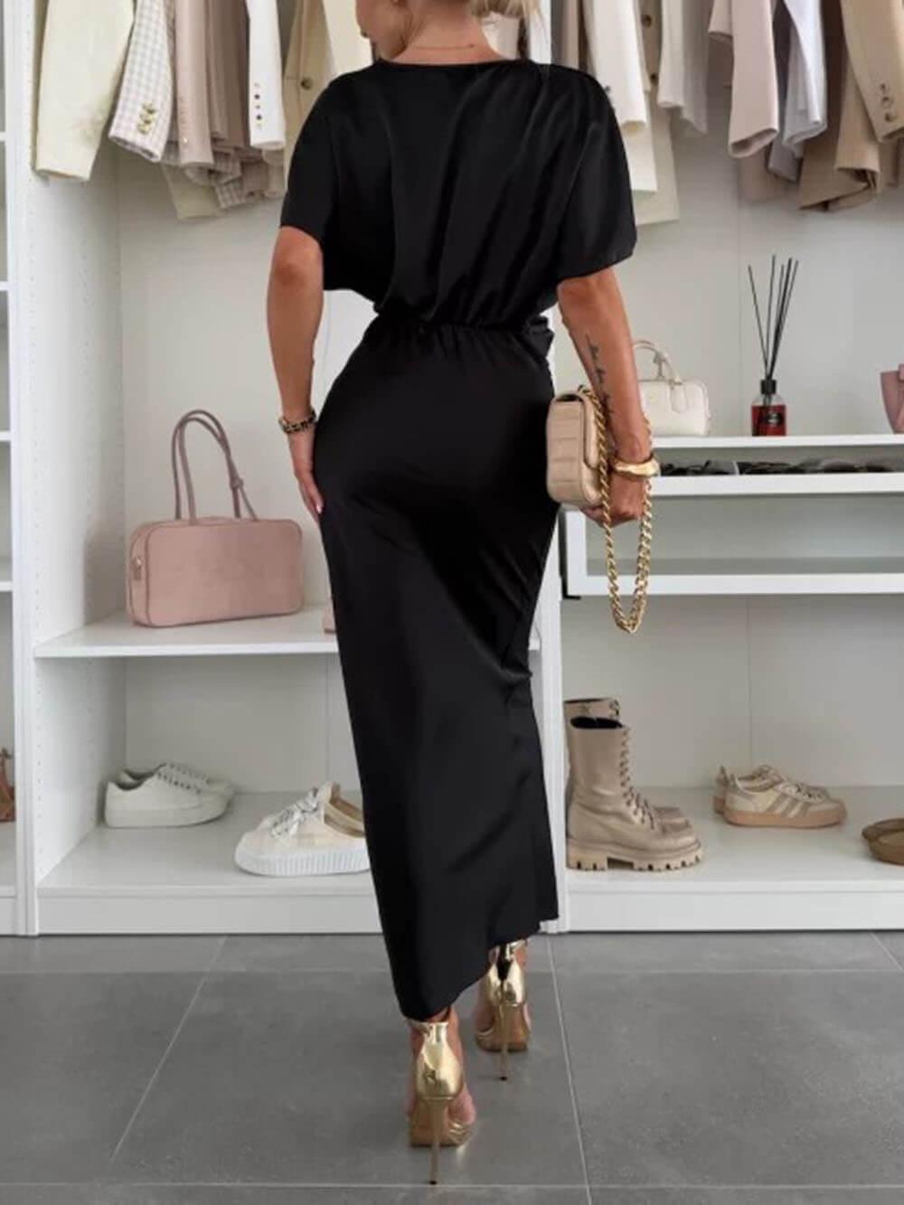 Aurohaya Graceful Satin Solid Color V-neck Cross Knot Slim Maxi Dress