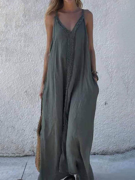 Aurohaya Modern Unique Lace Decoration V-Neck Suspender Maxi Dress