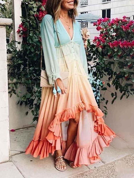 Aurohaya Unique Gradient Print Bohemian Rainbow Tiered Maxi Dress