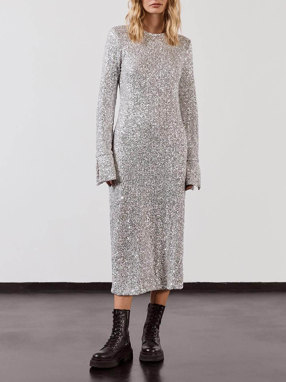 Aurohaya Sequin Sparkly Nights Long Sleeve Open Back Loose Midi Dress