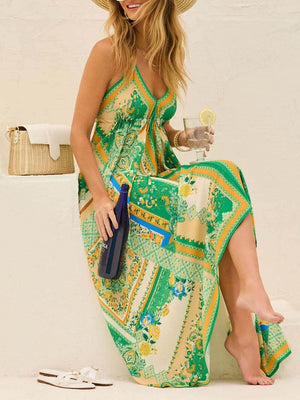 Aurohaya Elegant Off-Shoulder V-Neck Suspender Print Swing Dress