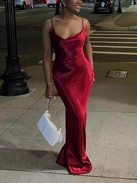 Aurohaya Elegant Satin Backless Spaghetti Strap Maxi Dress