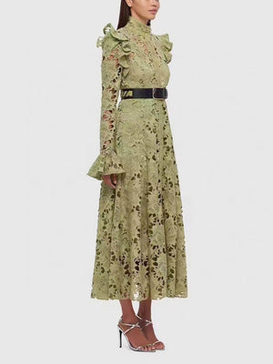 Aurohaya Elegant Hollow Lace Trumpet Sleeve Party Evening Gown Maxi Dress