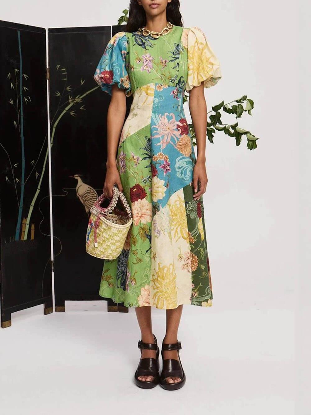 Aurohaya Casual Personalized Graffiti Print Lantern Sleeve Round Neck Linen Maxi Dress
