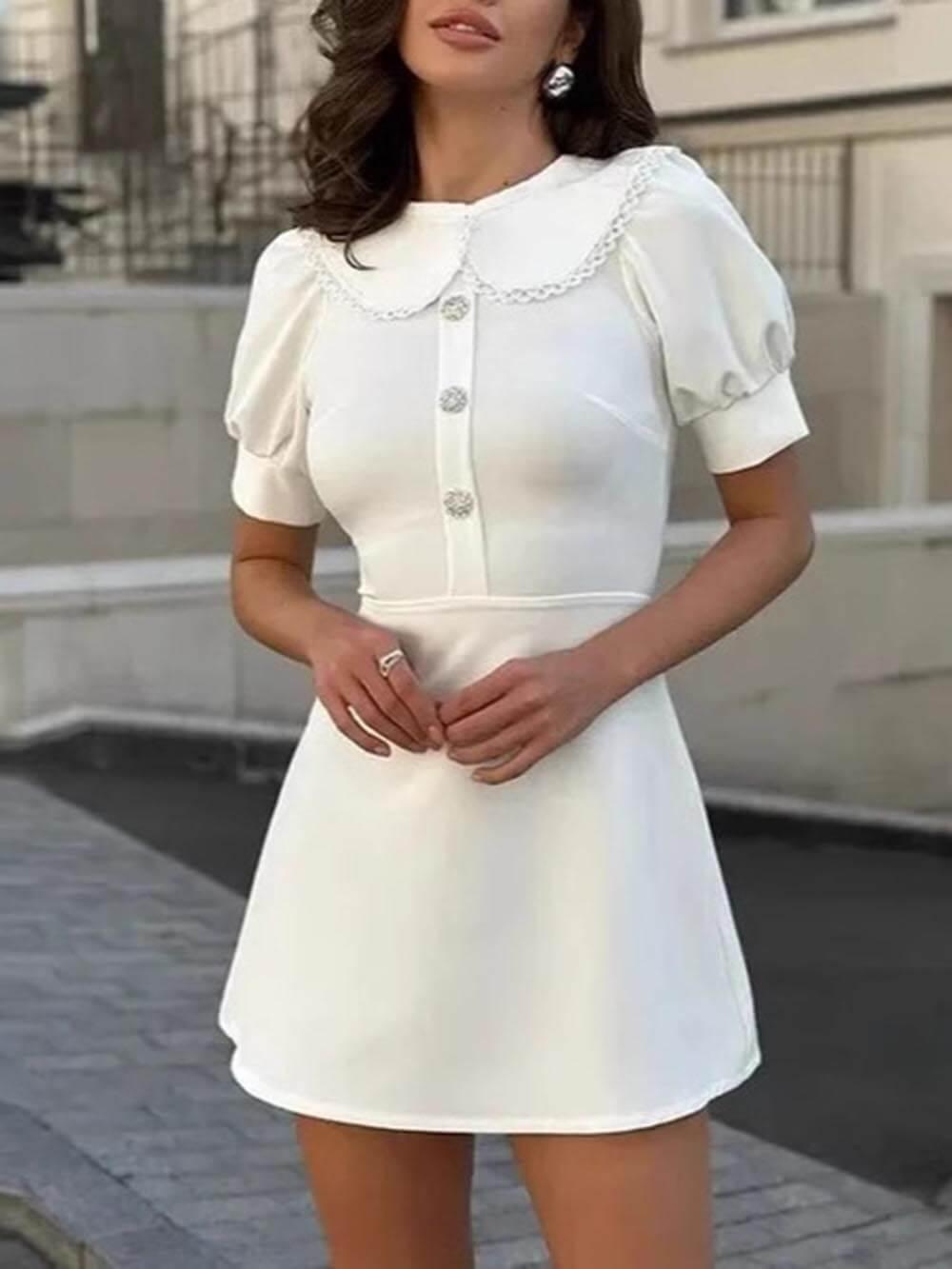 Aurohaya Sweet Lace Trim With A-Line Mini Dress White