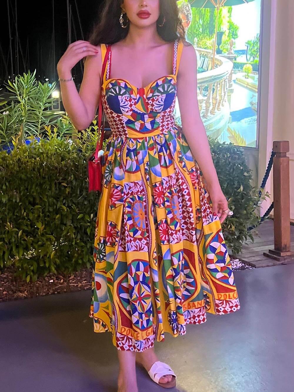 Aurohaya Unique Sunset Walk Ethnic Pattern Print Backless Midi Dress