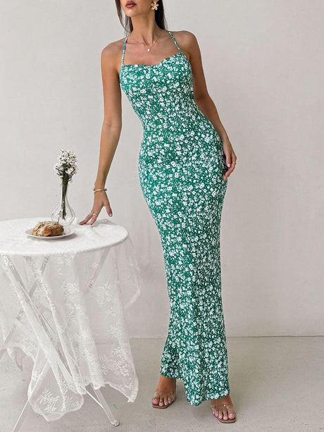 Aurohaya Sweet And Fresh Halter Back Floral Print Holiday Style Maxi Dress