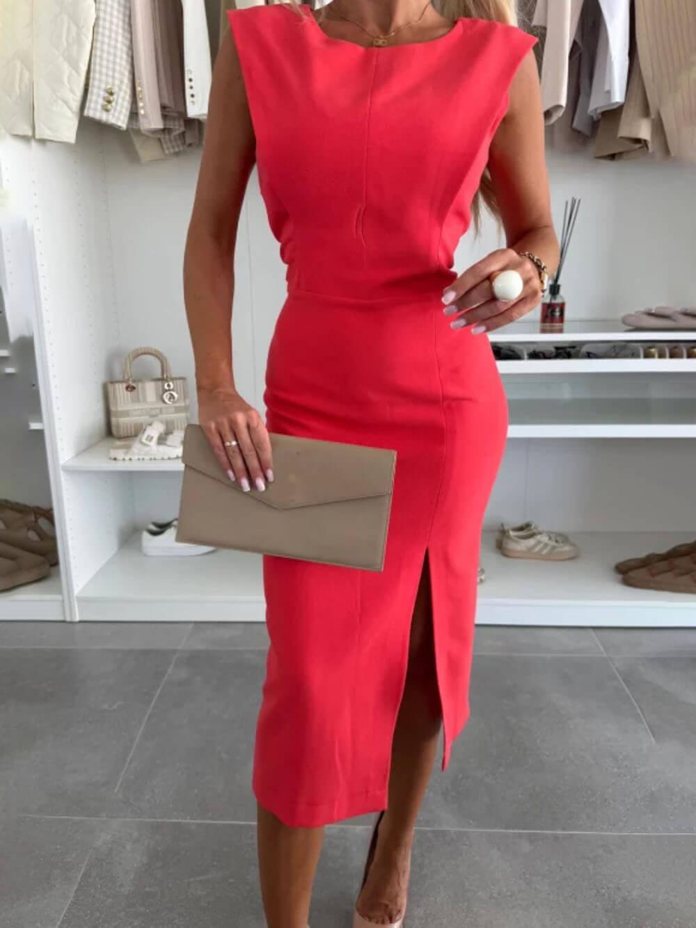 Aurohaya Elegant Charming Lady Round Neck Sleeveless Waisted Slit Stretch Midi Dress Red