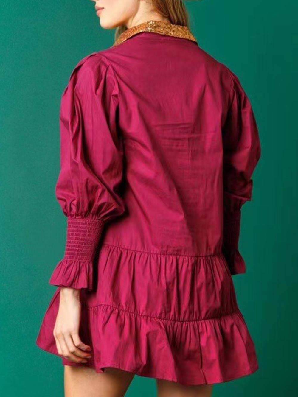 Aurohaya Christmas Lapel Contrast Long Sleeve Sequined Mini Dress