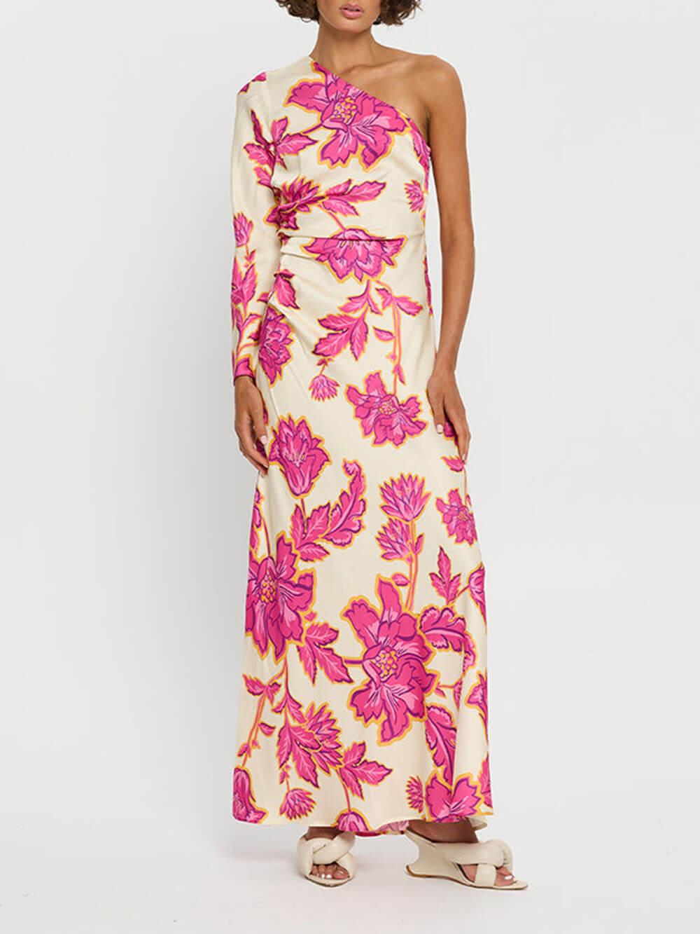 Aurohaya Unique Satin Floral Print One Shoulder Flared Maxi Dress