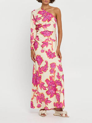 Aurohaya Unique Satin Floral Print One Shoulder Flared Maxi Dress