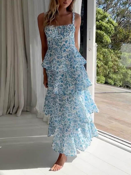 Aurohaya Fashion Sexy Floral Print Strap Layered Maxi Dress Blue