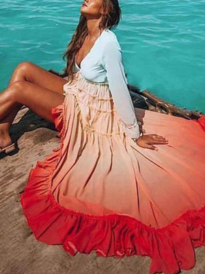 Aurohaya Unique Gradient Print Bohemian Rainbow Tiered Maxi Dress