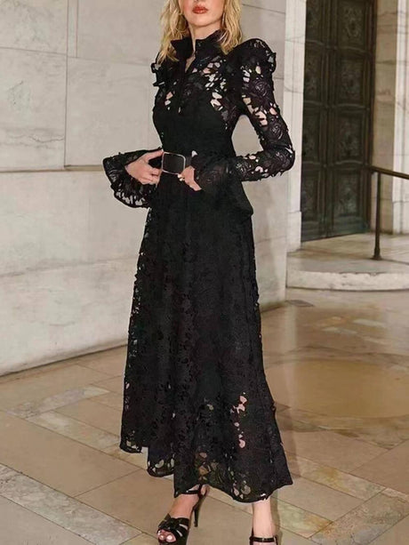 Aurohaya Elegant Hollow Lace Trumpet Sleeve Party Evening Gown Maxi Dress