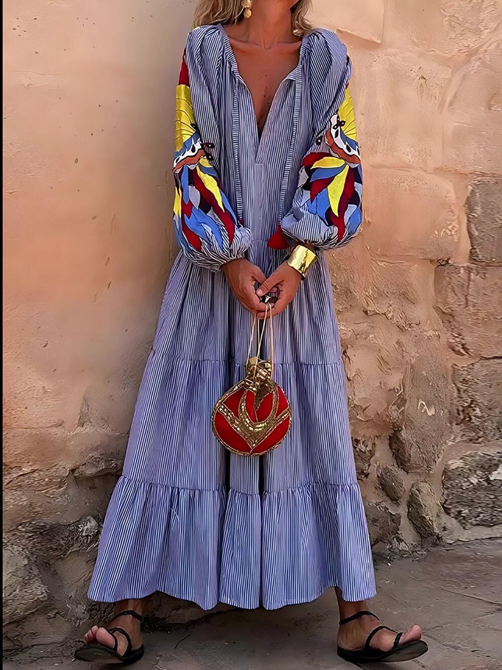 Aurohaya Unique Peacock Pattern Striped Print Deep V Loose Maxi Dress