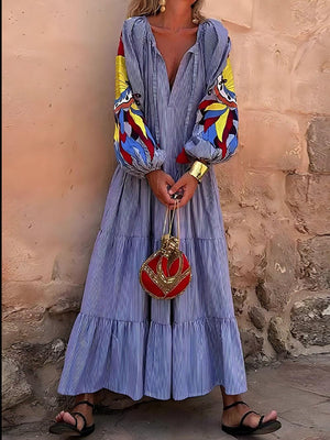 Aurohaya Unique Peacock Pattern Striped Print Deep V Loose Maxi Dress