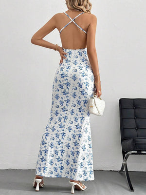 Aurohaya Sweet And Fresh Halter Back Floral Print Holiday Style Maxi Dress