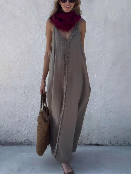 Aurohaya Modern Unique Lace Decoration V-Neck Suspender Maxi Dress Gray