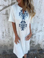 Aurohaya Bohemian Print Linen Loose Midi Dress White