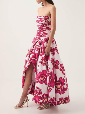 Aurohaya Elegance Perfect Moment Floral Off Shoulder Ruched Bodice Drape Bubble Hem Maxi Dress