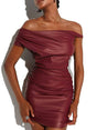 Aurohaya Imitation Leather Skew Shoulder Kink Fold Mini Dress Red
