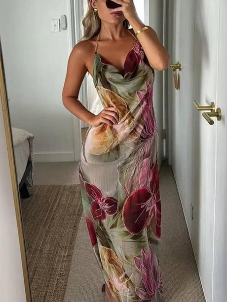 Aurohaya Halter Neck Backless High Slit Printed Dress