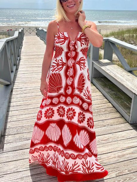 Aurohaya Shell Unique Print Front Lace-Up Loose Maxi Dress