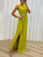 Aurohaya Special Pleated Embellished Slit Evening Maxi Dress Yellow