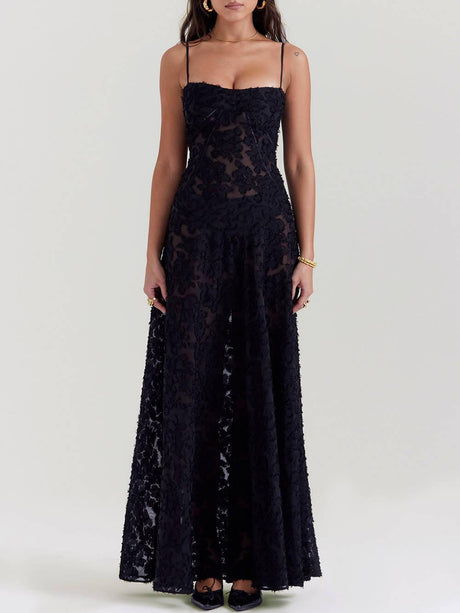 Aurohaya Black Floral Lace Back Maxi Dress Black