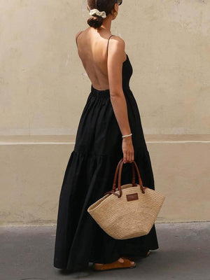 Aurohaya Classic Pleated Solid Backless Maxi Dress