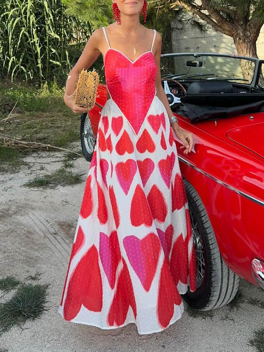 Aurohaya Elegant Painted Hearts Printed Maxi Dress