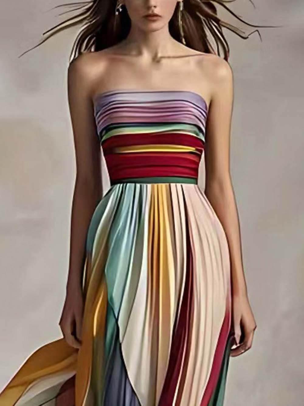 Aurohaya Elegant Striped Printed Off-shoulder Pleated Bandeau Maxi Dress