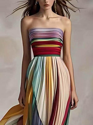 Aurohaya Elegant Striped Printed Off-shoulder Pleated Bandeau Maxi Dress