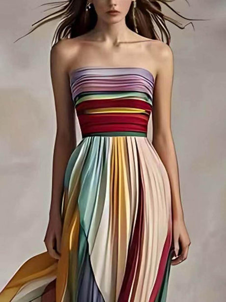 Aurohaya Elegant Striped Printed Off-shoulder Pleated Bandeau Maxi Dress