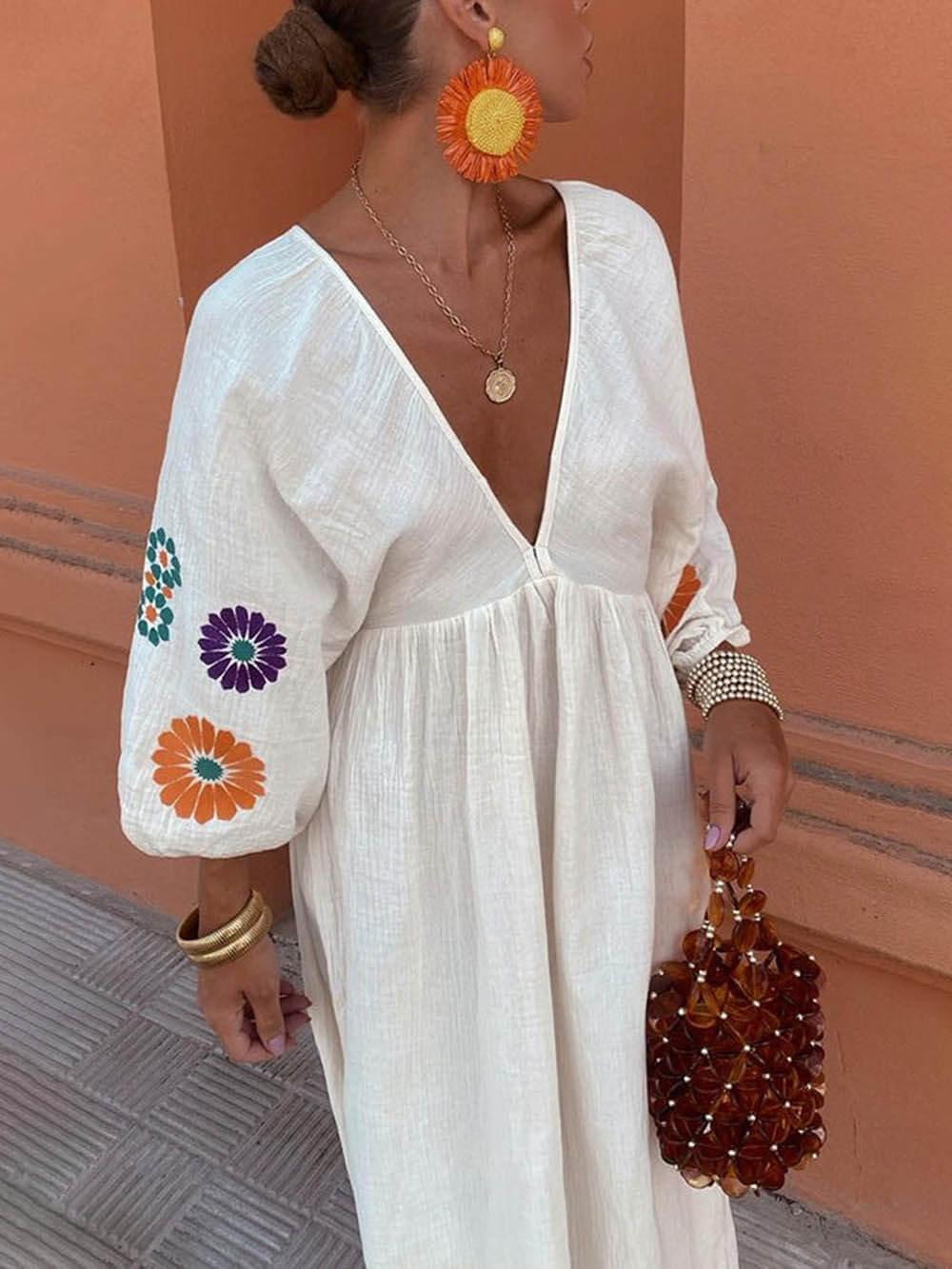 Aurohaya Floral Print V-Neck Lantern Sleeves Backless Maxi Dress