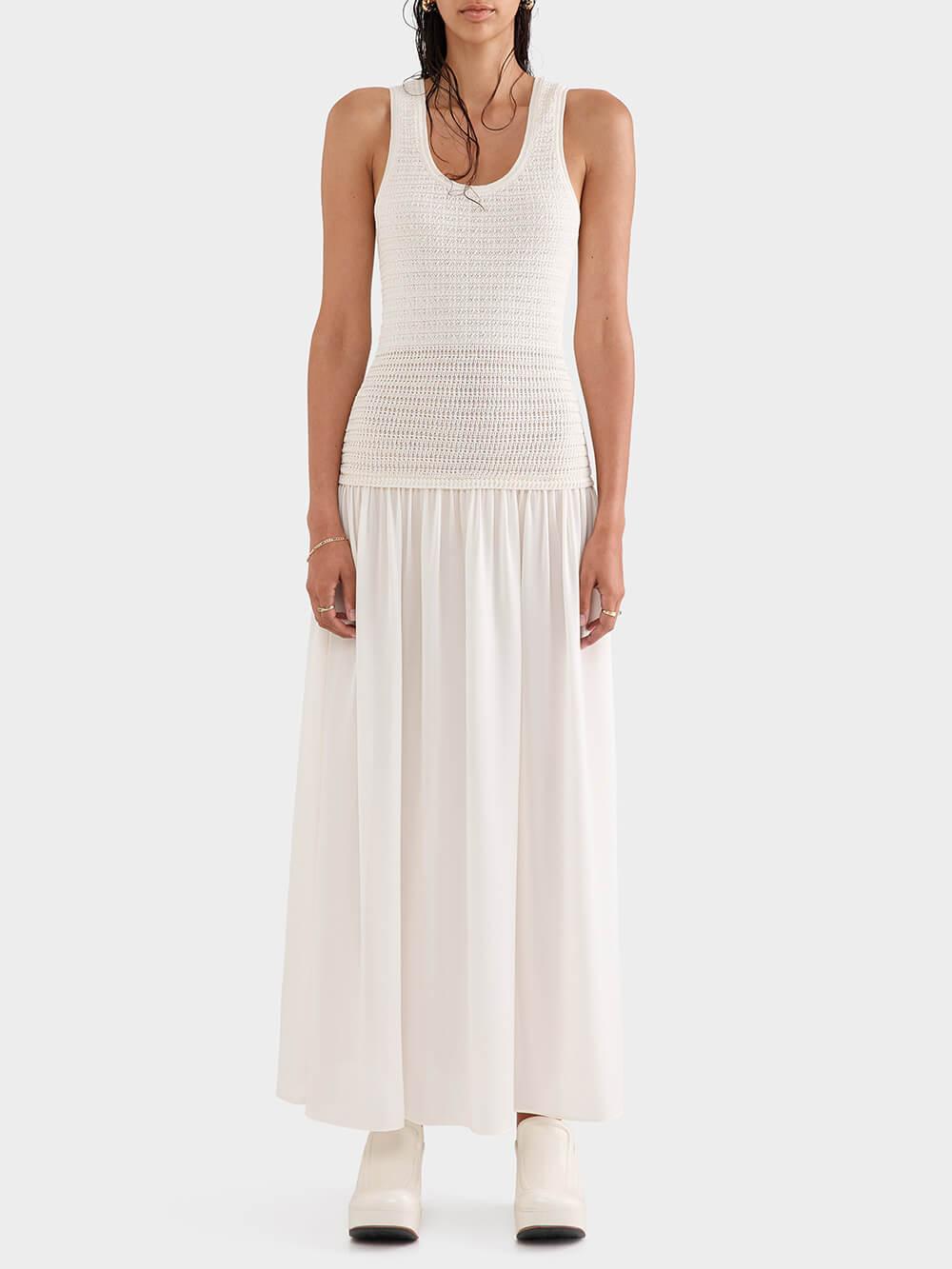Aurohaya Pleated Crochet Bodycon Tank Dress Cream