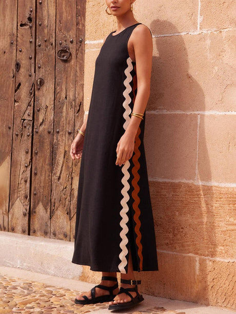 Aurohaya Side Wave Stripes Embellished Side Slit Loose Dress