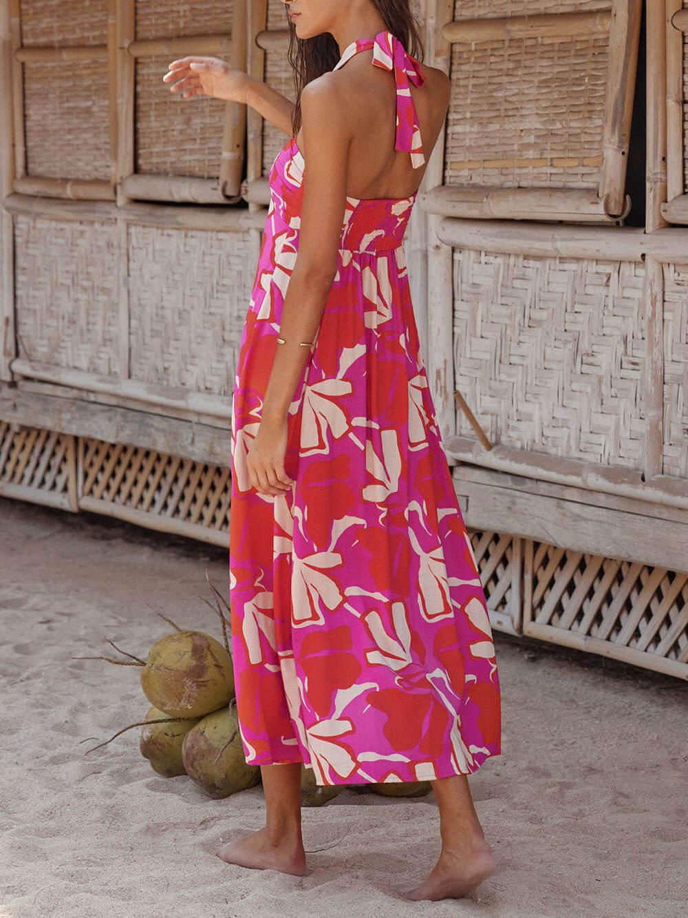 Aurohaya Halterneck Print Berry Lotus Midi dress