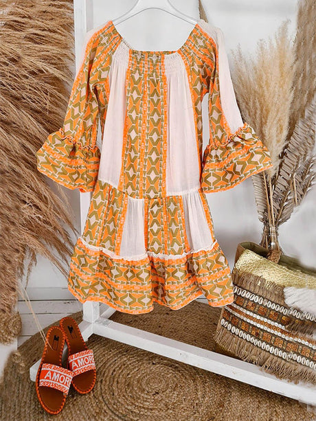 Aurohaya Linen Blend Ethnic Print Off Shoulder Loose Mini Dress