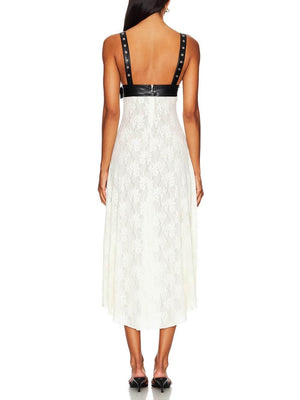 Aurohaya Floral Lace Leather Midi Dress